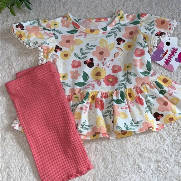 NWT Disney Minnie Mouse Floral 2pc Set Yellow & Pink 18M - Picture 2 of 11